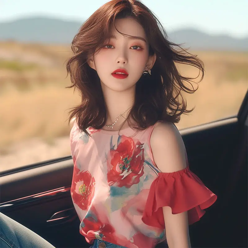 Camicette in chiffon con stampa floreale Camicia ampia da donna con maniche corte svasate Office Lady Abbigliamento casual Top con spalle scoperte Estate Nuova moda