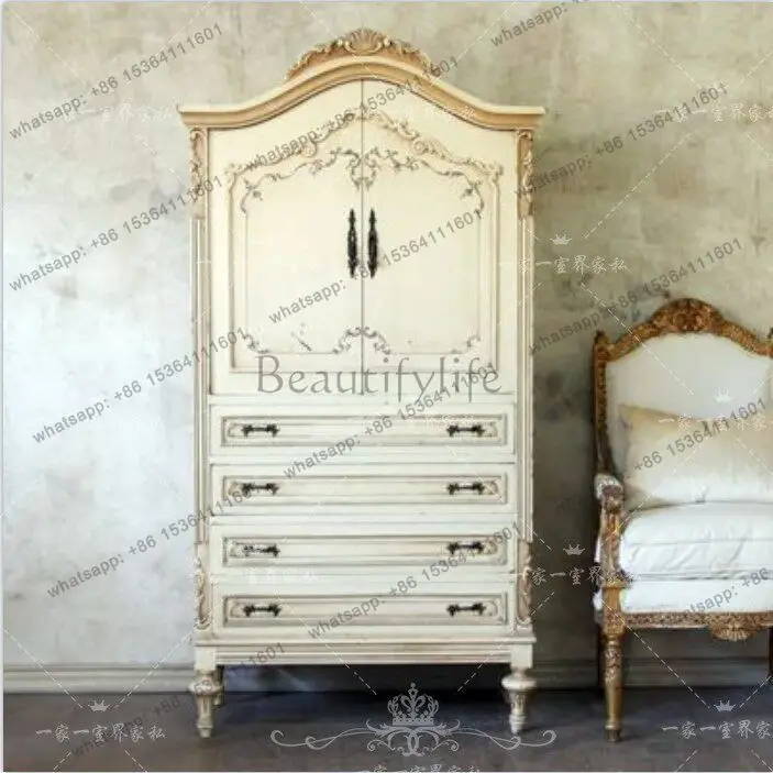 YJ American solid wood carving flower wardrobe French retro painted children's double door locker wardrobe storage cabinet furn