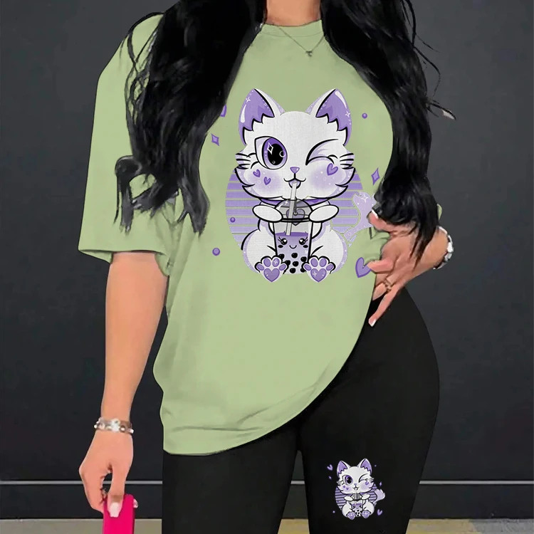 Kawaii Cat Bobo Tea Graphic T-Shirts Outfit Women Summer Casual Plus Size 2 Piece Set Cartoon Legging Shorts and Tshirt Suit