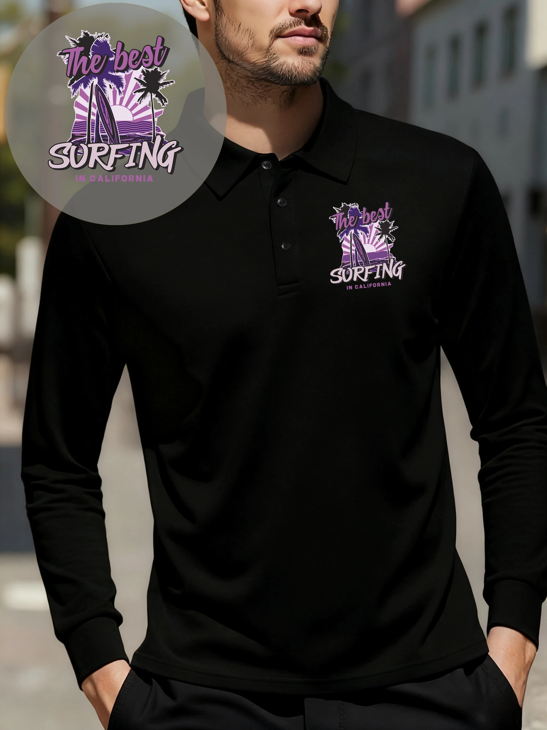 أفضل تصفح في كاليفورنيا يطبع الرجال قمصان بولو الهيب هوب الخريف تي شيرت ملابس الأعمال غير رسمية التلبيب الصوف طويلة الأكمام #2