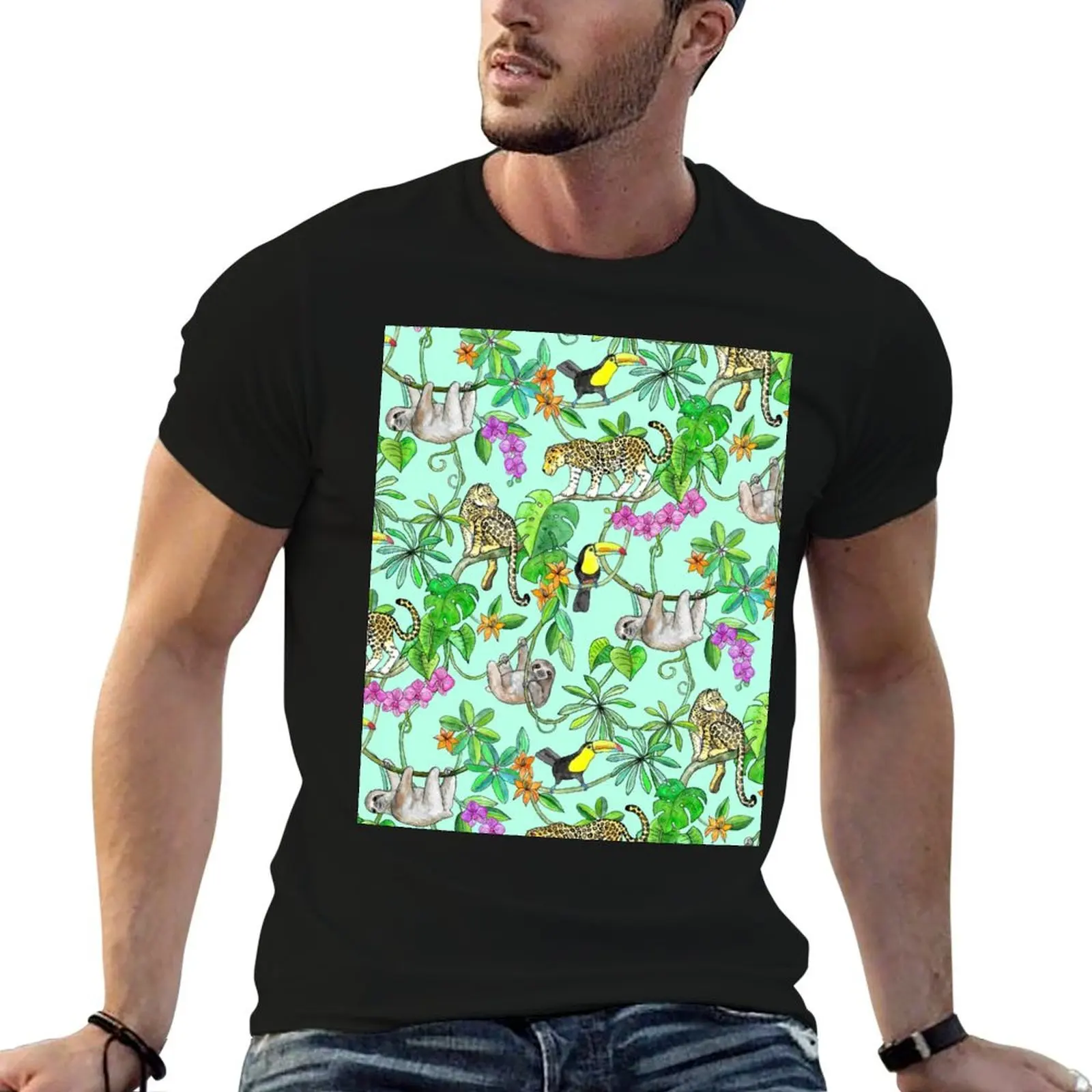 Rainforest Friends - Camiseta con estampado de animales en acuarela sobre camiseta verde menta, camisetas gráficas personalizadas para hombre, camiseta