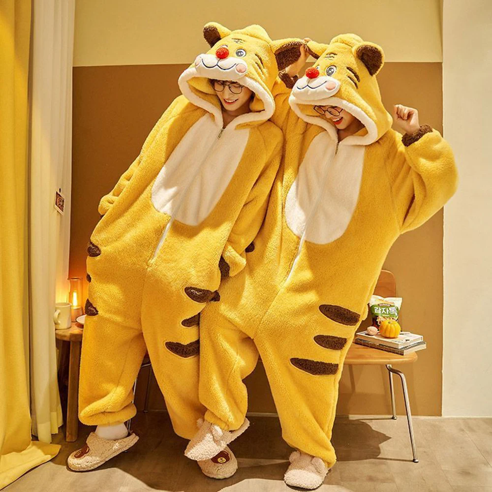 Cute Flannel Tiger Pajamas Winter Plus Velvet Warm Onesie Women\'s Sleepwear Unisex Loose Thick Plush Hooded Jumpsuits Homewear