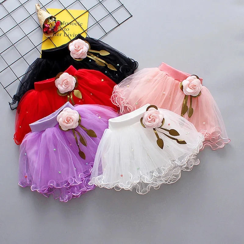 Solid Color Ruffles Baby Skirt Foreign Flavor Children's Short Skirt Flower Pendant Summer Mesh Girls Sweet Cute Style Skirt