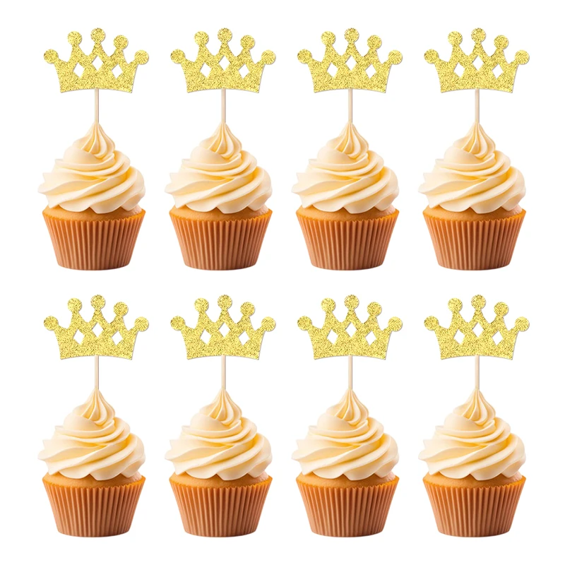 NUBECOM 24Pcs Crown Cupcake Toppers Glitter Cupcake Picks Valentine's Day Gift Queen Princess Theme Birthday Cake Decorations