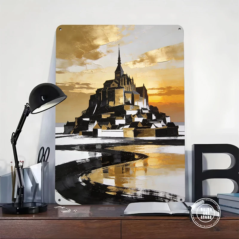 Mont Saint-Michel At Sunset Acrylic Painting Tin Poster Customized Wall Art Retro Vintage Metal Signs for Fans Room Desk Decor