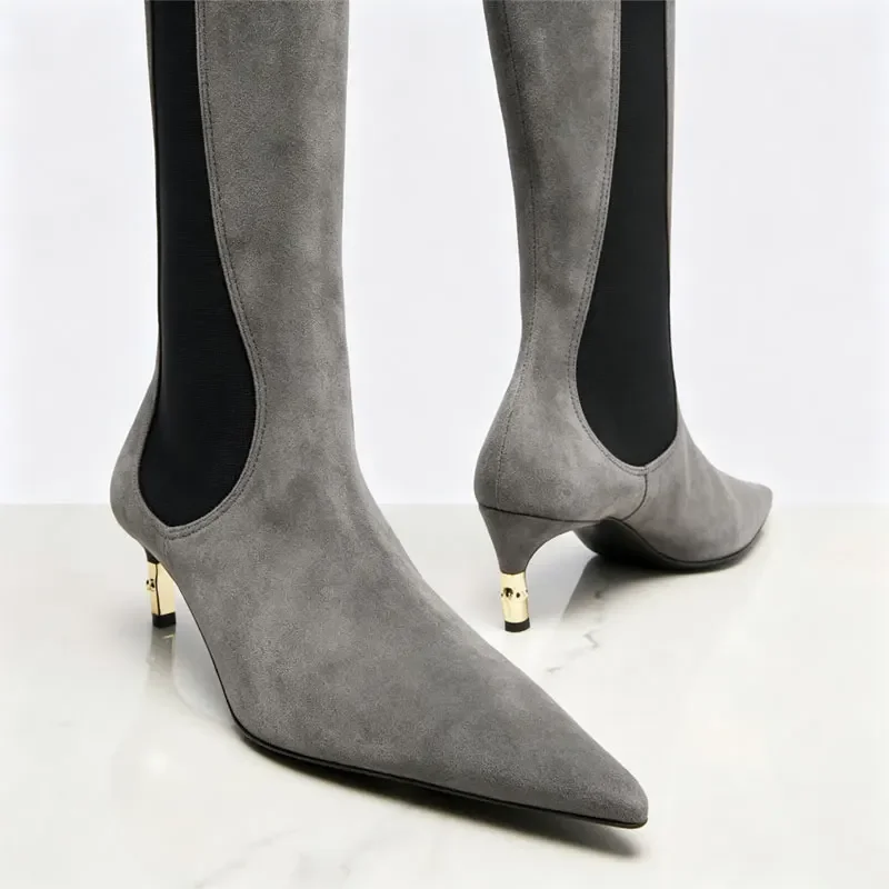 2026 New Low Heel Knee High Boots with Pointed Kitten Heels and Elastic Fabric Autumn and Winter Fashionable Mid Length Boots