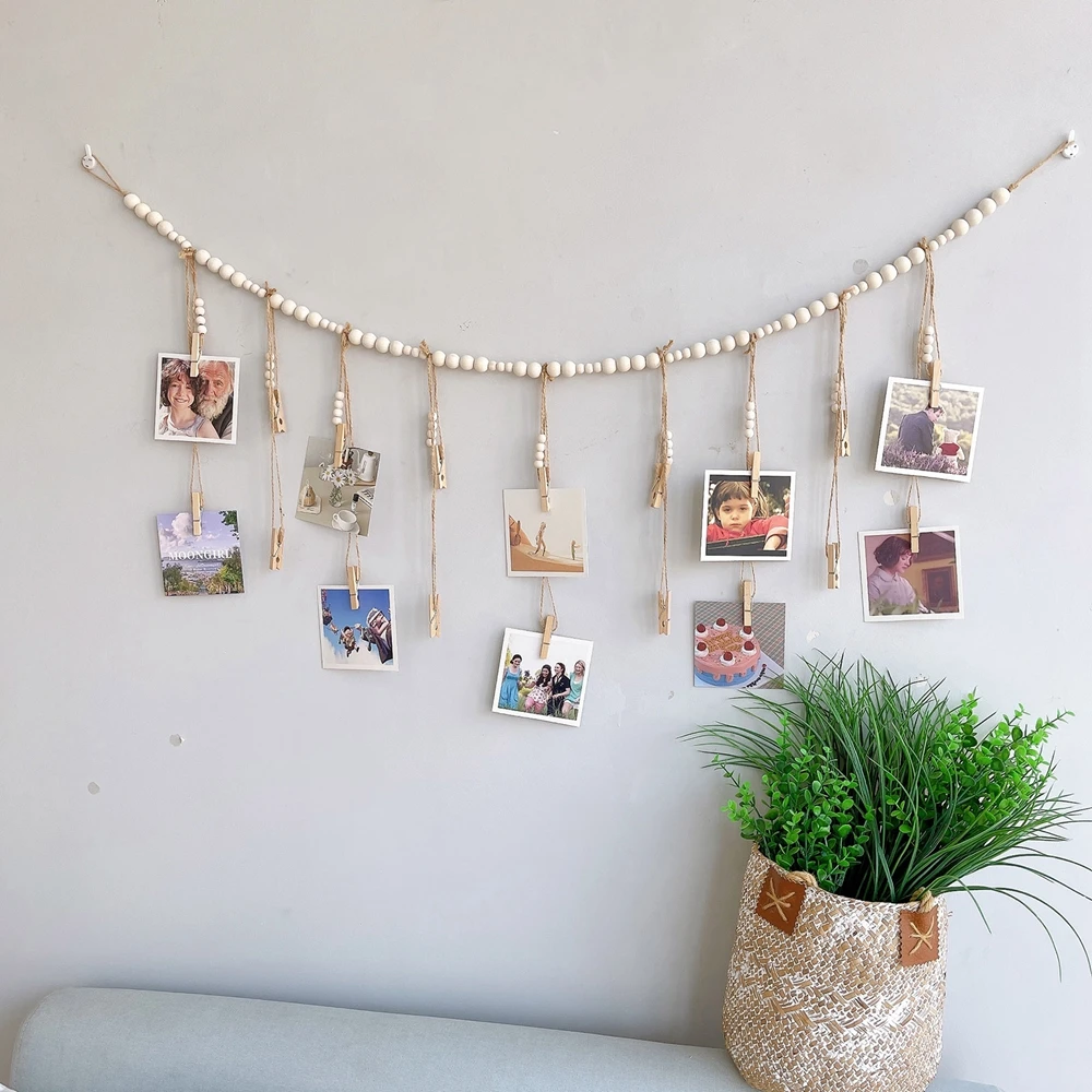 Wall Hanging Photo Display With Wooden Beads Garland Collage Picture Frame For Boho Wall Decor Photo Holder Rustic Country Decor