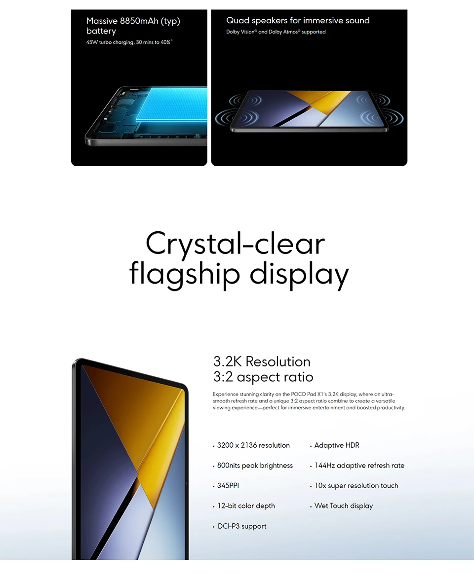 Poco Pad X1 Global Edition 11.2'' 144Hz 3.2K Snapdragon 7 Display + Third Generation Octa Core Processor 45W 8850Mah
