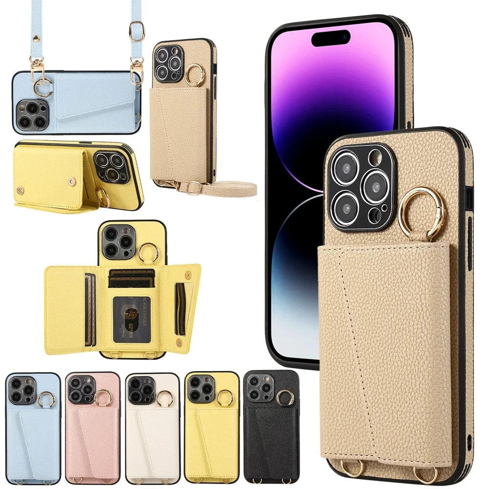 

Кожаный чехол-кошелек с кольцевым кронштейном для телефона Iphone 16, 15, 14, Plus 13, 12, 11 Pro Max, ремешок через плечо, держатель для карт, противоударный чехол