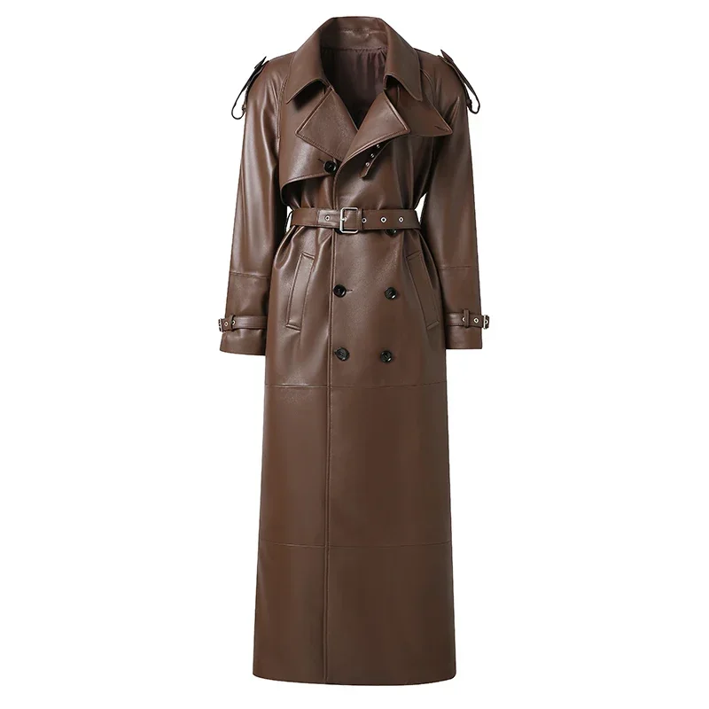 Real Leather Long Trench Coat Female Fashion Leather Jacket Real Sheepskin Coat Spring Autumn Lady 2024 New Design