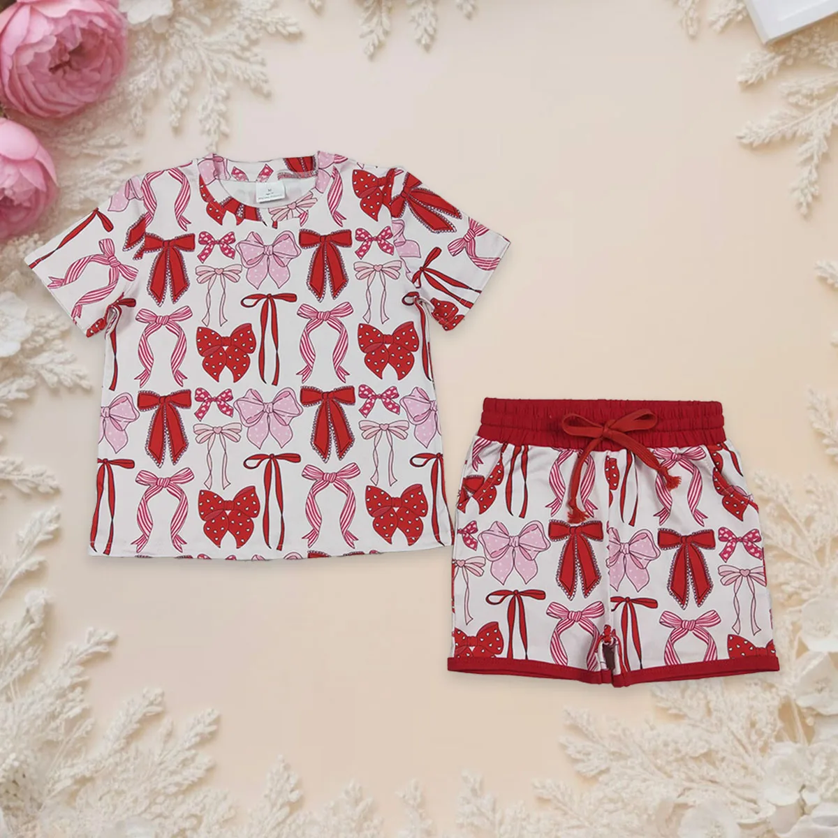 

Toddler Baby Girl Short Sleeve Red Bows Tops Pockets Shorts Kids Pajamas Set Clothes Comfortable Loungewear Children 2Pcs Sets