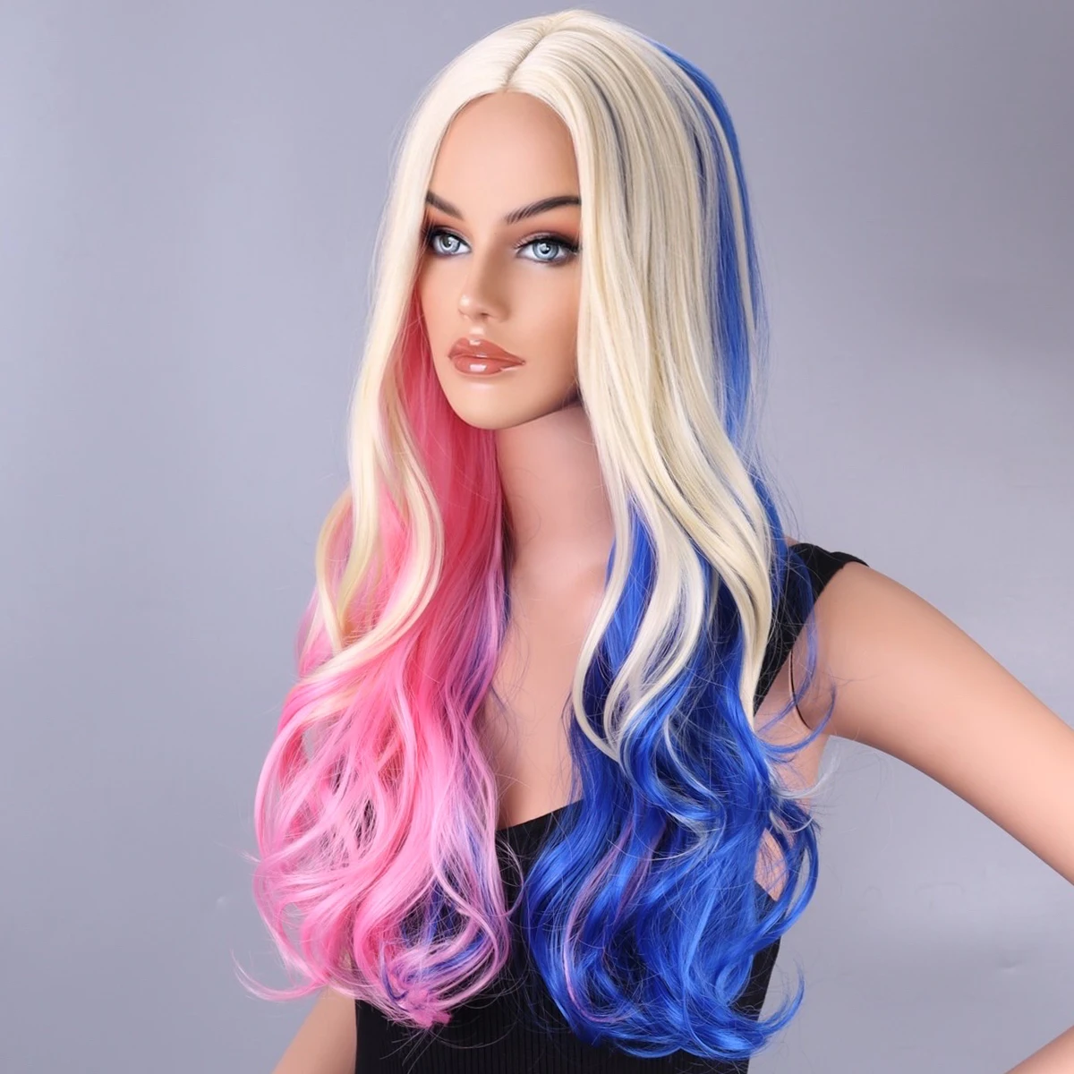 Woodfestival Goedkope Pruiken Voor Vrouwen Ombre Synthetisch Haar Lange Golvende Blonde Lolita Pruik Cosplay Roze Rood Zwart Paars Blauw Grijs