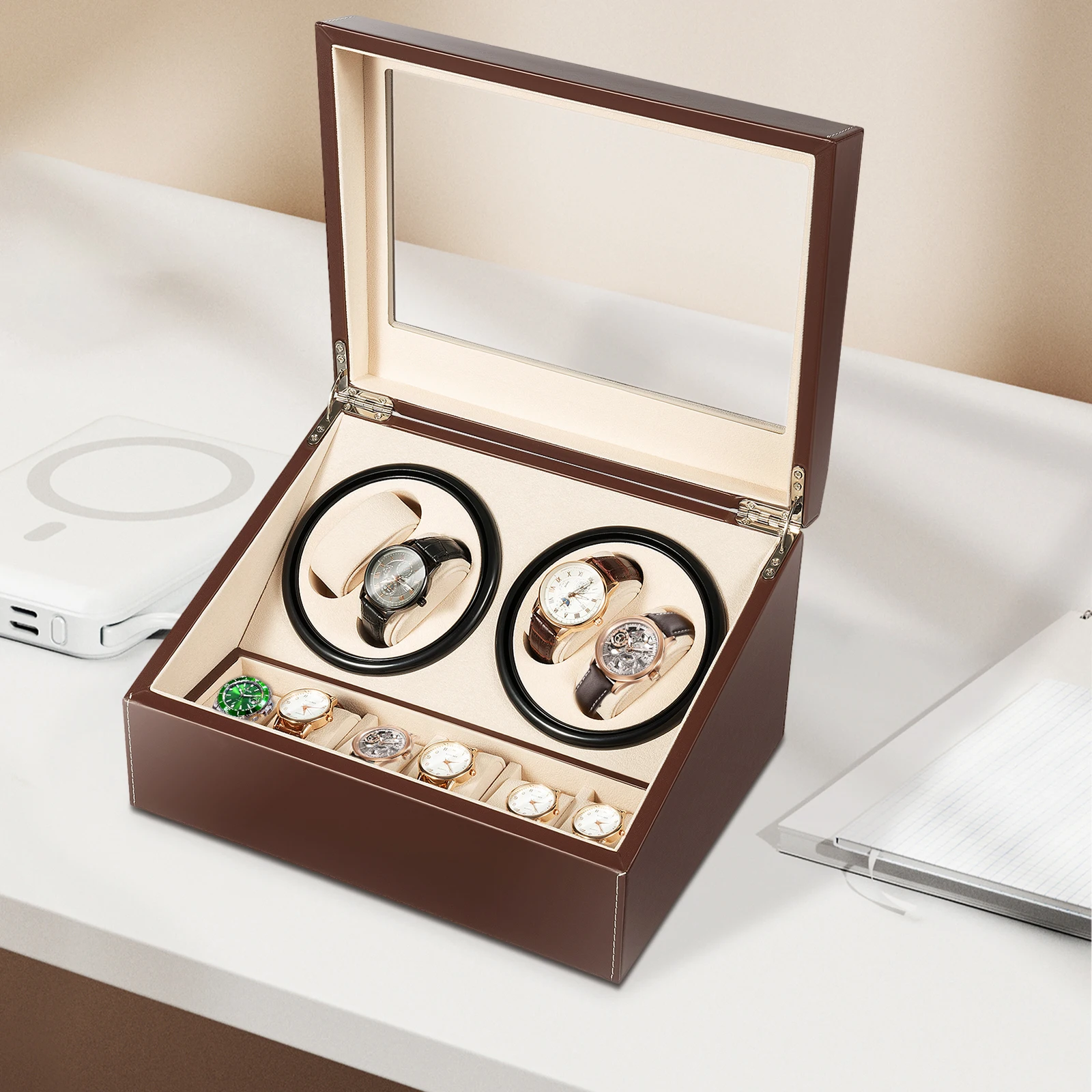 4 + 6 فتحات ماكينة لف ساعات أوتوماتيكية، علوية من جلد البولي يوريثان الزجاجي، صندوق عرض للساعة، حقيبة تخزين المجوهرات، بني/أسود #6