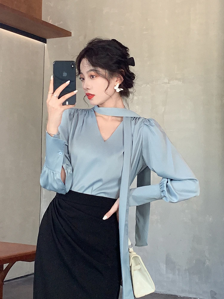 

Chuqing Independent Design Женский шелковый утюг Long Sve V-Ne Knot Straight Cut French Sle Office Commute Summ...