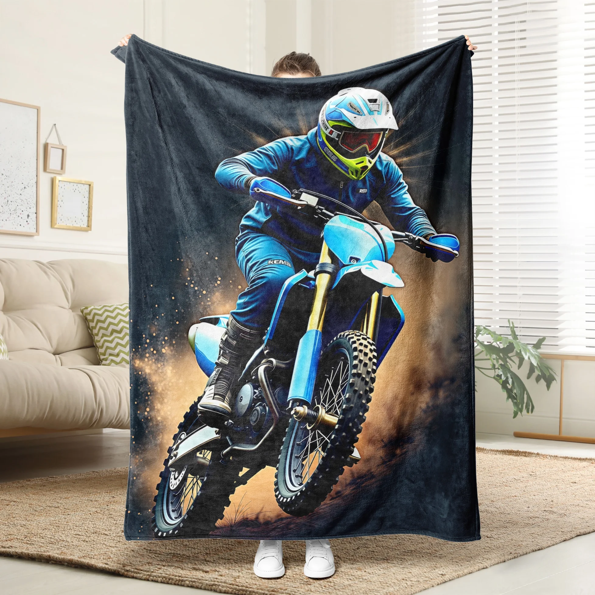 Motorcycle Themed Fleece Blanket with Dirt Action Print Durable All Season for Men Boys Gift Quilted Construction