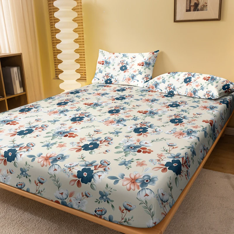 1 Simple Modern Plant Flower Printed Matte Fitted Sheet, Bedroom Printed Bed Cover, Bedding (Excluding Pillowcases)