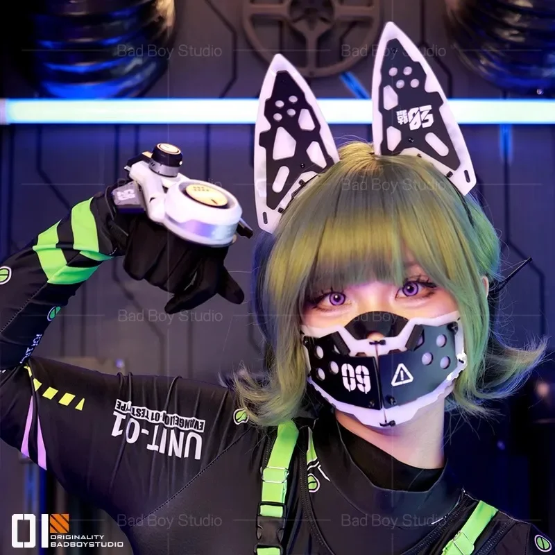 Jogo cyberpunk cosplay máscara orelhas de gato headwear acessórios feminino ficção científica mecânica mechs máscara mão armadura cosplay adereços dia das bruxas