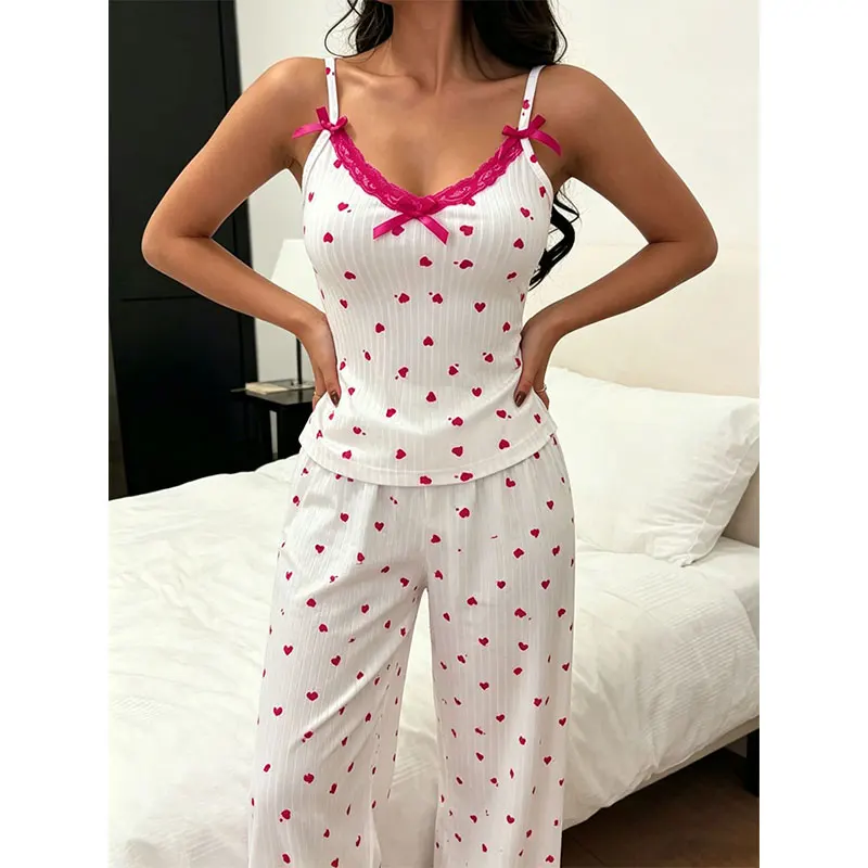 Autumn Winter Women's Slim Fit Ribbed V-Neck Top And Leg Pants Set Floral Print Soft Comfortable Home Lace Edge Sling Pajamas