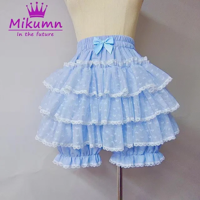Mikolumn Harajuku Kawaii niebieski marszczone spodnie z dyni damskie urocze opaska dziecięca Lolita bezpieczeństwa krótkie spodnie Vintage wiktoriański bloomery