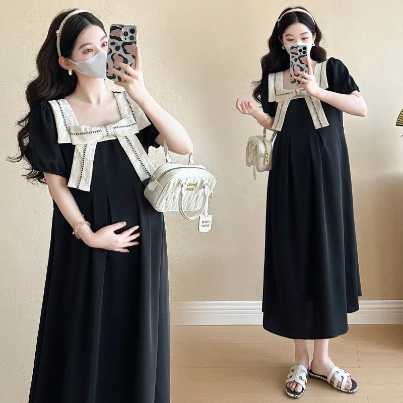 الأمومة فستان أسود صغير الصيف جديد القوس لهجة التباين تقليم ألف خط فستان العمل سليم صالح فستان جذاب للنساء الحوامل