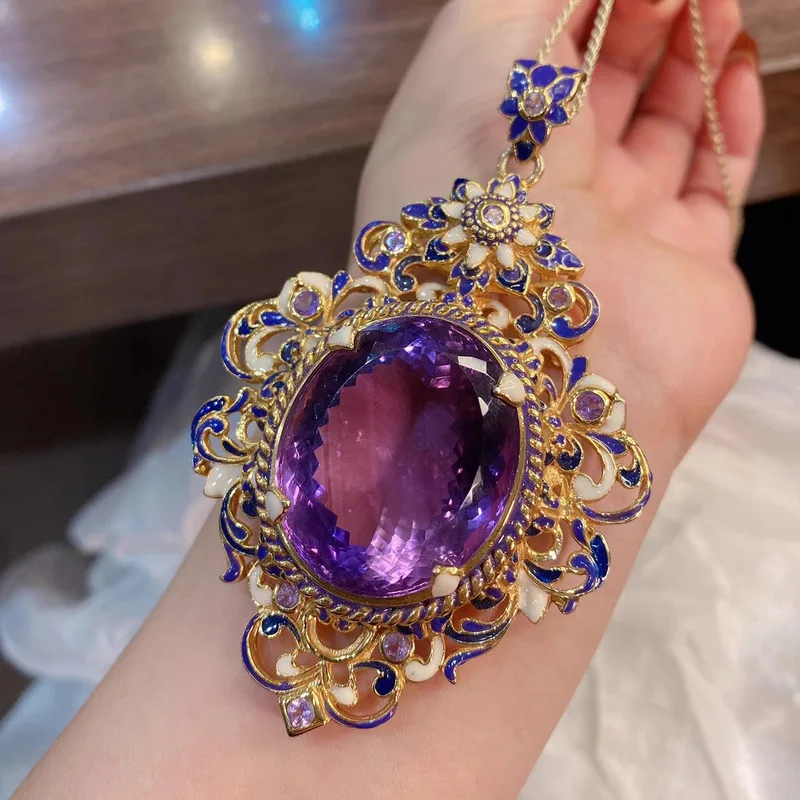 Italian Retro Gilded Enamel Pearl Imitation Natural Amethyst Ring Pendant Bridal Wedding Set - Women's Jewelry