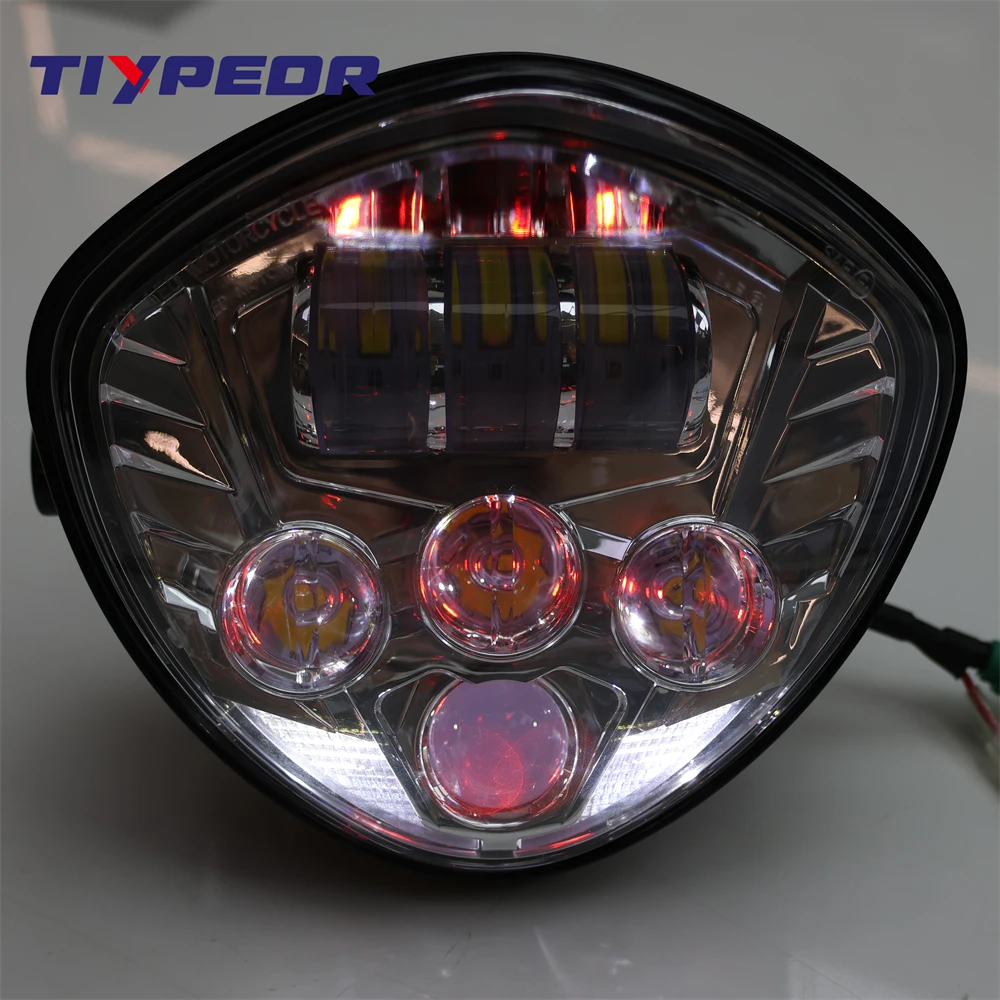 TIYPEOR Universal Motorcycle LED Headlight Assembly with Bracket Clamp High/Low Beam H4 Headlamp Projector Harley Victory Indian