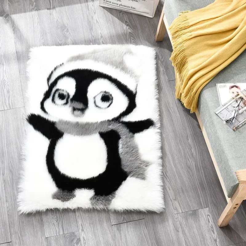 Cartoon animal penguin artificial fur carpet, used in bedroom, living room,Rectangular long hair soft fluffy  decorative carpet