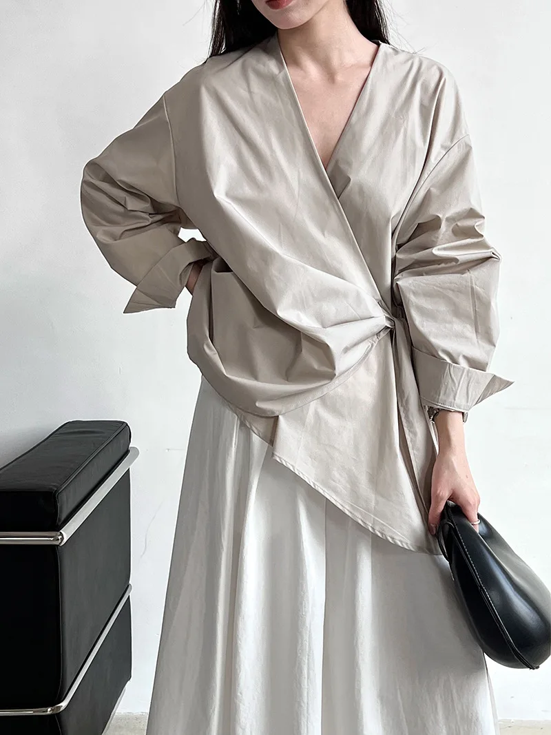 

Irregular Waistband Tied Shirt&blouse For Women 2025 Spring Summer Trendy Solid Color Loose Designer V-neck Shirts Top