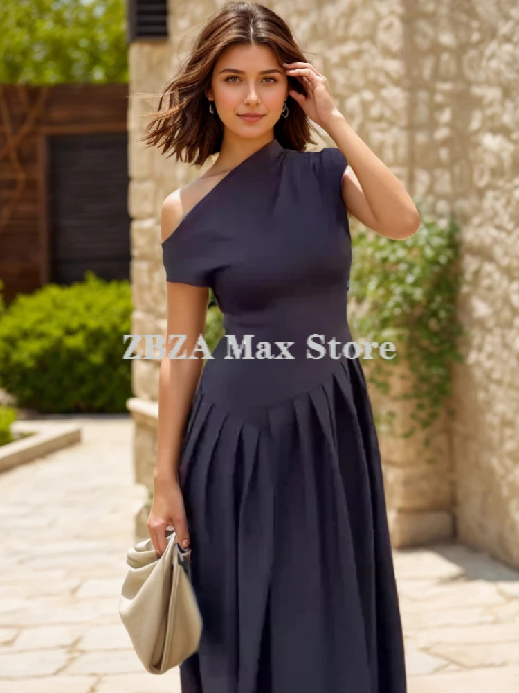 Slant Shoulder Dress Round Neck Pleated Solid Sleeveless High Waisted Slim Fit Casual Patchwork Long Skirt New Female Chic Dress