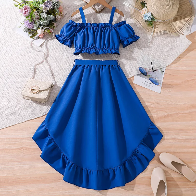 2024 Summer Child Clothes Sets Short Sleeve Slash Neck Tops Ruffles Blue Skirts 2 Piece Sets Designer Girls Clothes Sets 8-12T