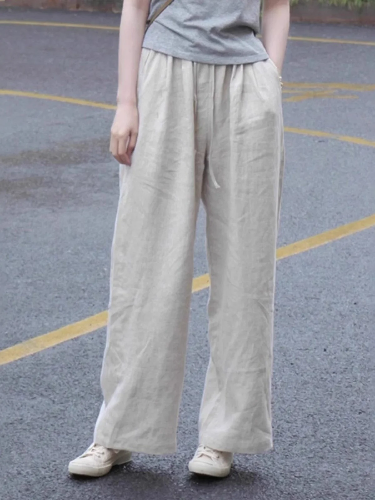 فضفاض القطن الكتان واسعة الساق تسع نقاط السراويل مستقيم قطع السراويل الطويلة للنساء Sli Agel الكورية Sle تخفيف الرياح