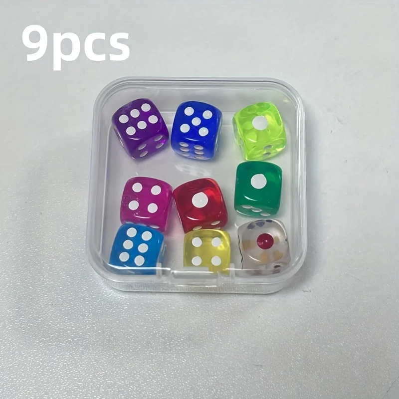 9 piece pack,12mm Dice Set with Transparent Storage Box - Assorted Colors, Perfect for Math Games & Gaming Enthusiasts