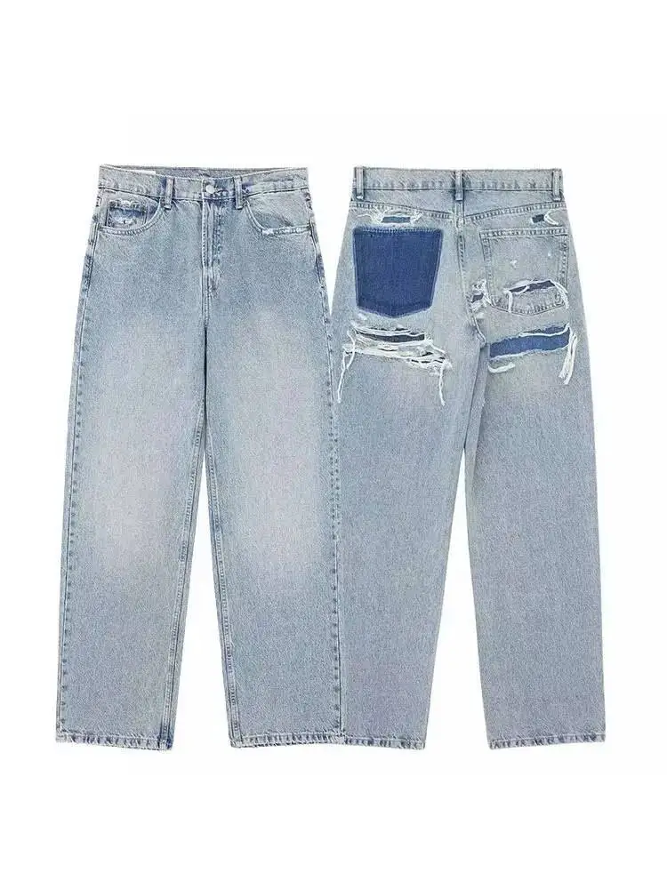 

2025 Women's Street Fashion Denim Blue Jeans Distressed Patchwork High Waist Zipper Fly Ripped Retro Long Pants