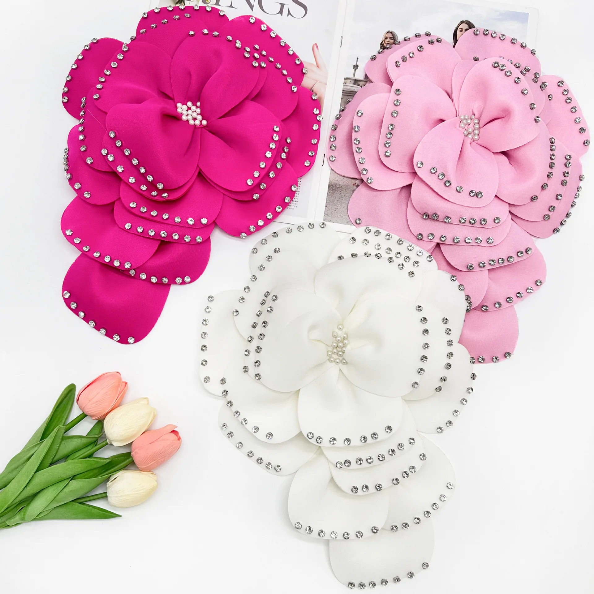 Handmade Large Fascinator Hairpin Women Pink White Red Large Rhinestone Studded Flower Brooches Costume Decoration Acessories