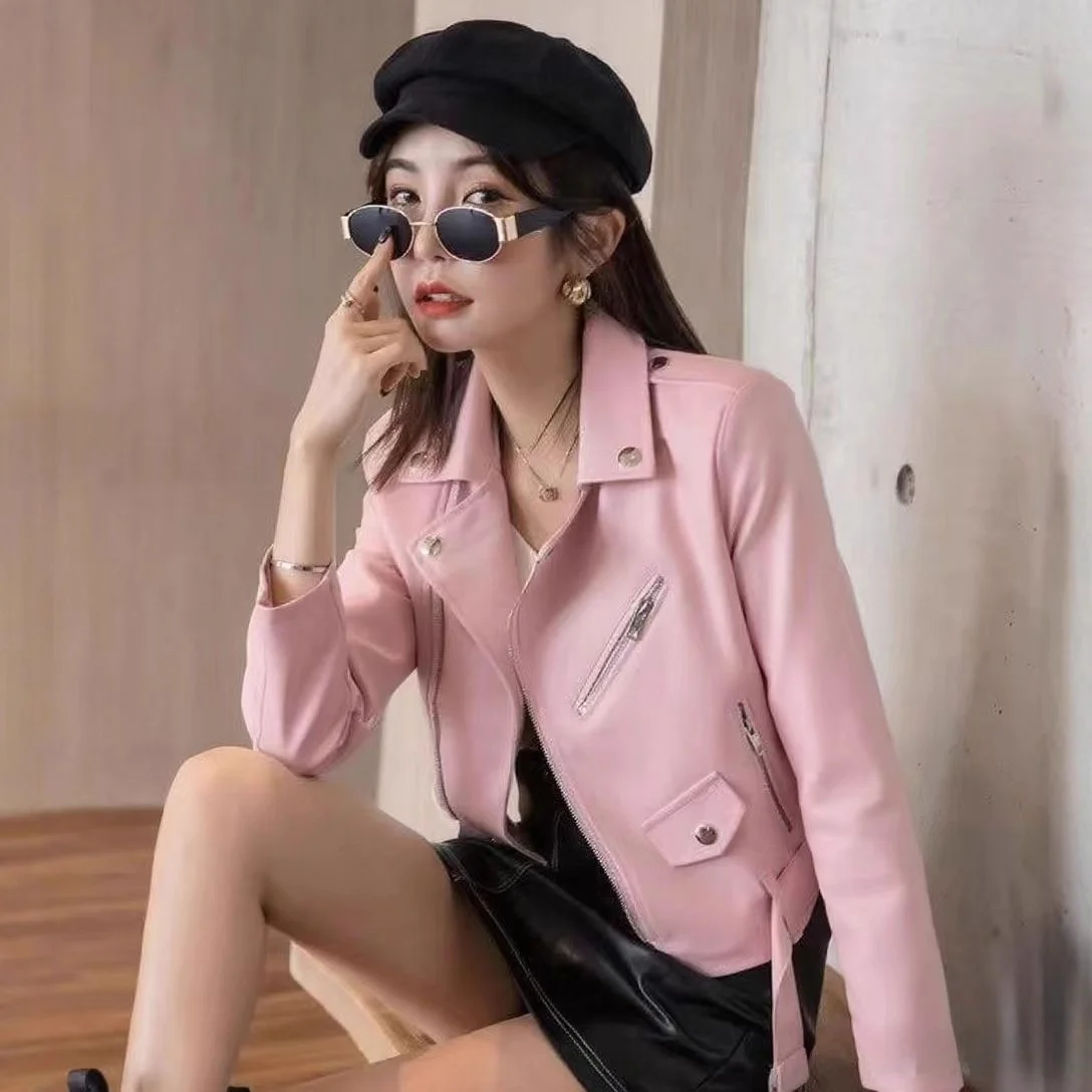 

Women's Short Sleeve Leather Jacket PU Leather Biker Style Thickened Cotton Outerwear Regular Length Spring Fashion Ladies' Coat