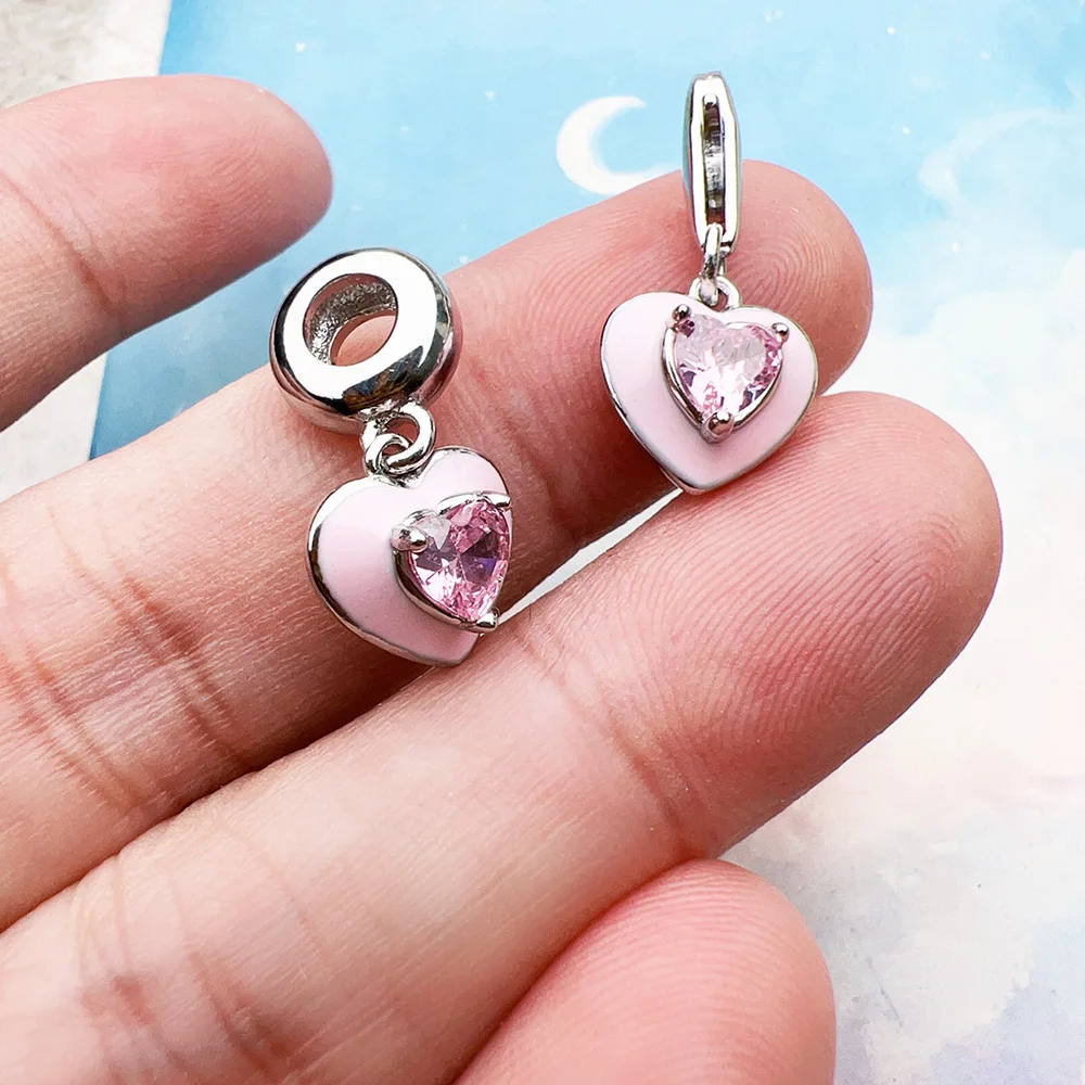 Colgante de corazón con piedras rosas, joyería de Club de estilo europeo, regalo romántico en plata de ley 925