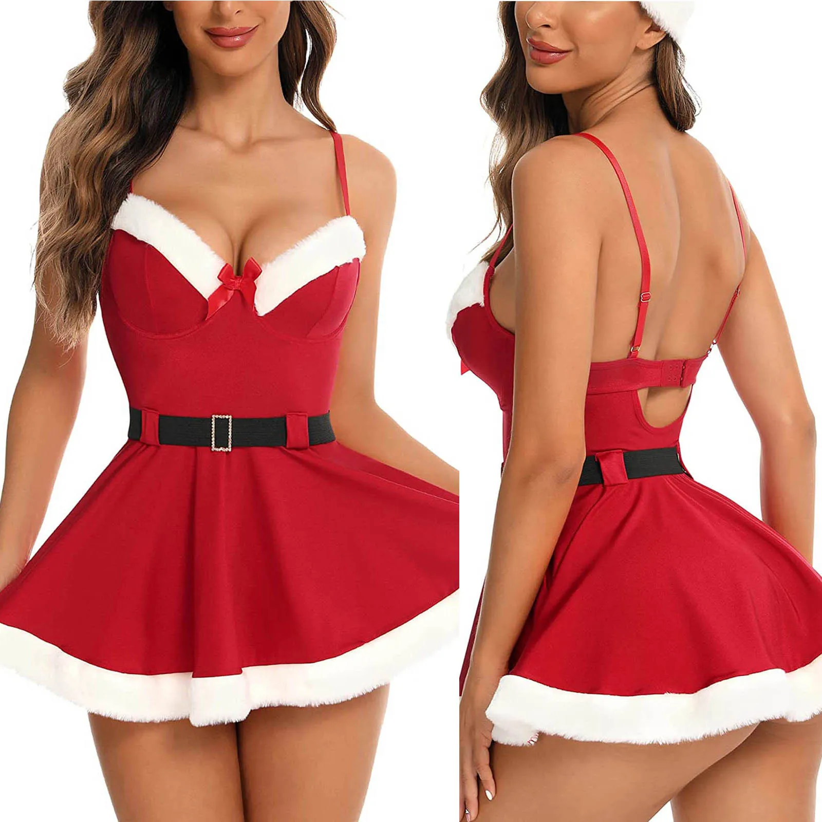 Christmas Erotic Lingerie Women Pajamas Sleeveless Underwear Solid Sexy Red Santa Cosplay Costume Plush Trim Bandage Nightdress