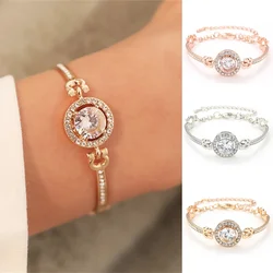 Shiny Luxury Round Big Zircon Bracelet Korea Fashion Adjustable Gold Color Zinc Alloy Rhinestone Bracelet For Women Jewelry