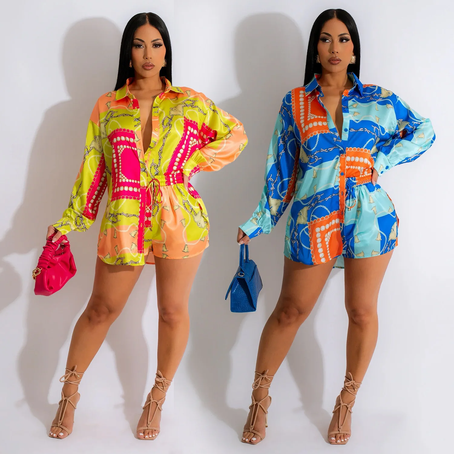 

Fashion women's clothing color matching lapel shirt long-sleeved shorts two-piece set sexy temperament slim-fitting simple high-