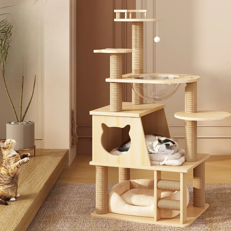 Multi-layer Solid Wood Climbing Frame Nest Scratching Post Capsule Cat's Villa Wooden Multifunctional Cage