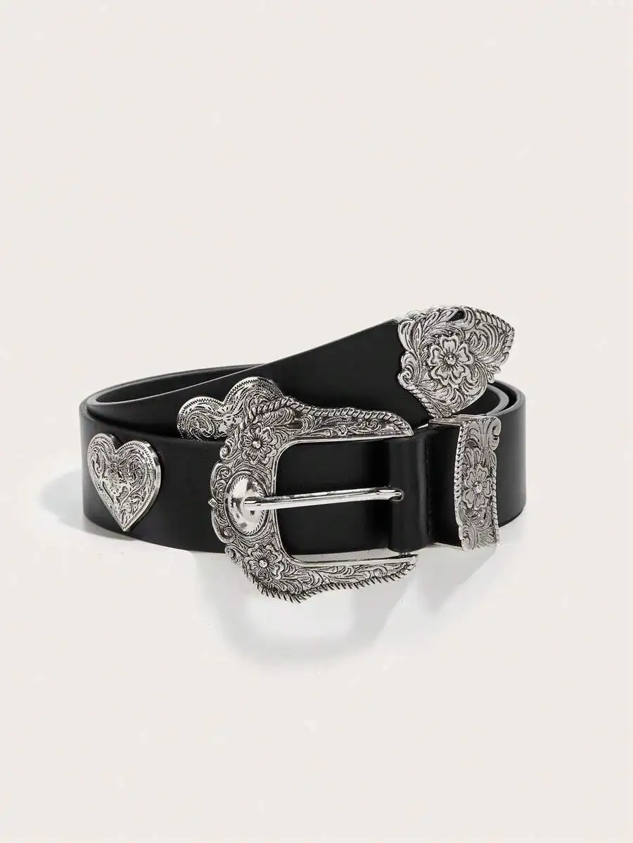 1pc Women's Embossed Western Cowgirl Style Pu Leather Beaded Decorative Belt, Suitable For Daily Wear Halloween Valentine's Day