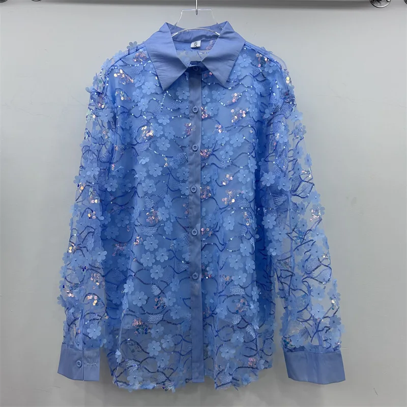 

Женская свободная рубашка с длинными рукавами, с вышивкой в стиле индастриал и цветами из пайеток, европейский стиль, уникальный и неповторимый дизайн.