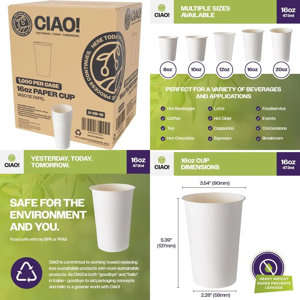

Disposable White Paper Hot Cups, 16oz Capacity, 90mm Diameter, 1000 Count, Eco-Friendly for Hot Beverages