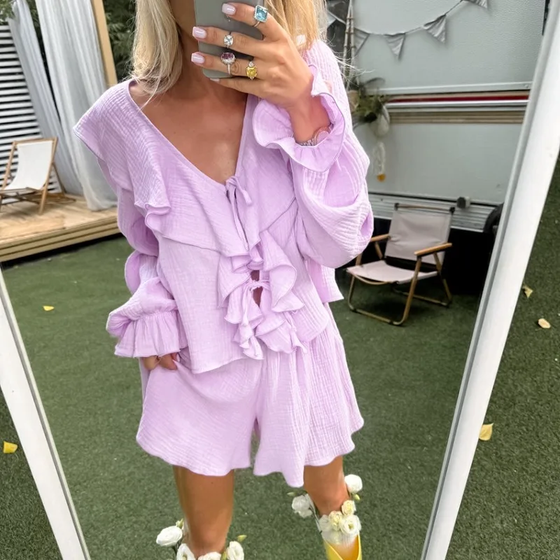 

Spring Casual Style Women's Purple Cotton Pajamas Set Long Sleeve Cardigan Ruffle Edge Trousers for Cozy Lounging L Size Louge