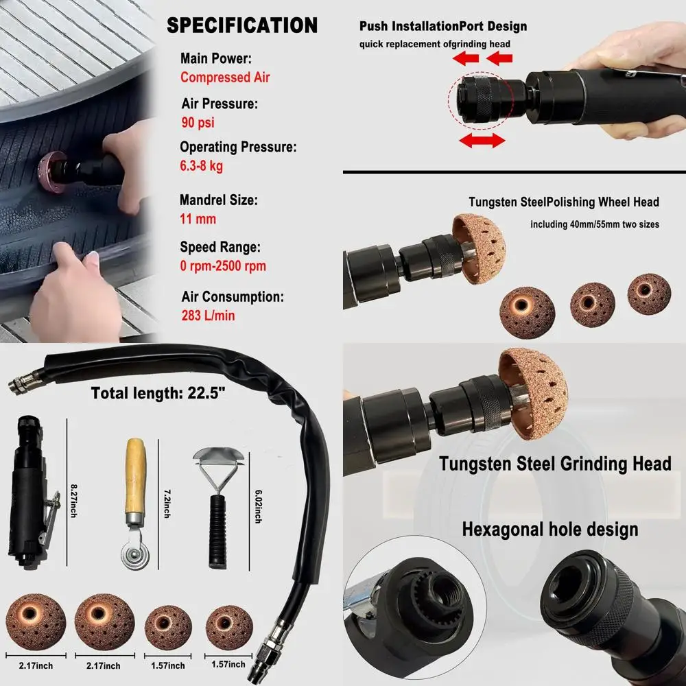 

Набор инструментов для ремонта автомобильных воздушных шин, включает в себя низкоскоростной буфер для воздушных шин 2500 об/мин, скребок для внутреннего вкладыша шин, скребок, ролик Tun