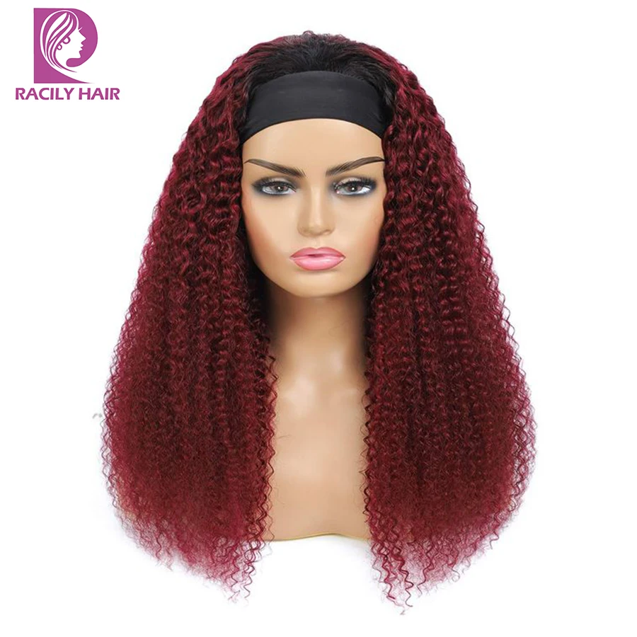 99J Headband Wig Human Hair Natural Kinky Curly Human Hair Wigs Burgundy Gluelees Full Machine Made Curly Wigs Ready To Go Wig