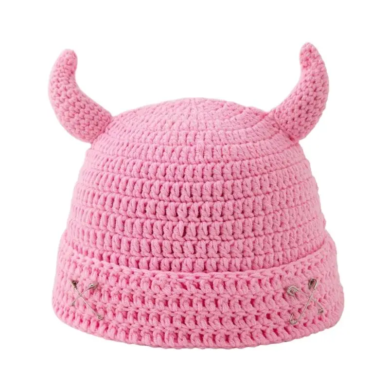 39BD Crochet Devil Horn Hat for Unisex Fall Looks, Brimless Cold-Season Cap with Front Pin Accent for Costume Outfit Wear