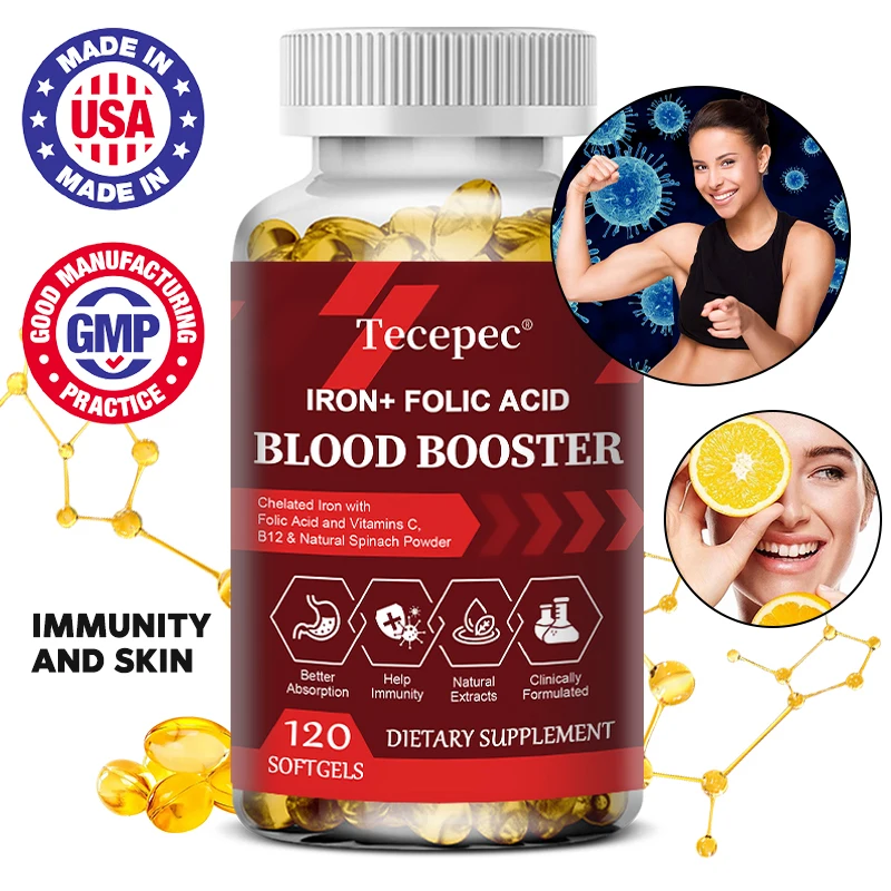 Iron + Folic Acid Supplement, with Vitamin C, B12 & Zinc, Blood Strengthener, Circulation Support Immune Support