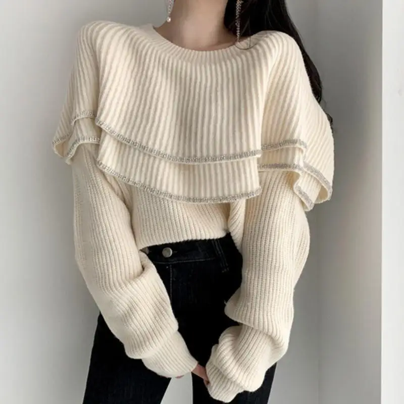 Fashion Trend French Retro Double-layer Ruffle Edge Off-the-shoulder Design Sense Long-sleeved Knitted Sweater Women's Trend