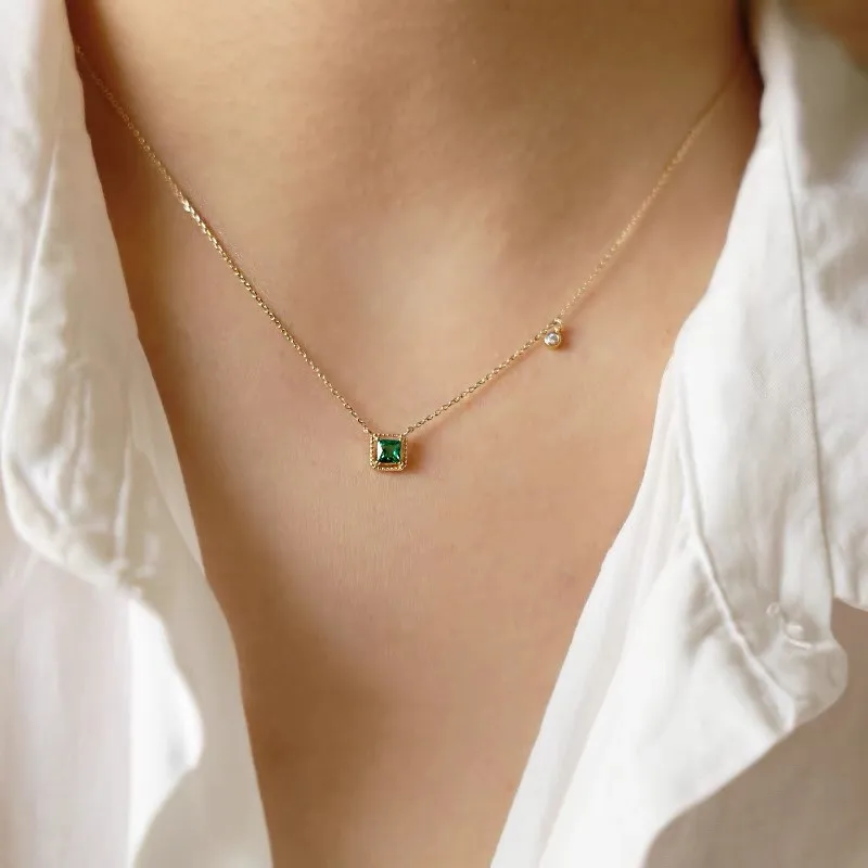 Real 925 Sterling Silver Emerald Square Zircon Pendant Necklaces for Women Minimalist OL Fine Jewelry Light Luxury Accessories